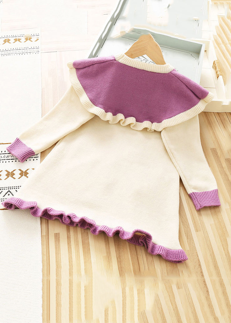 Stylish Purple O Neck Patchwork Knit Kids Sweater Dresses Fall