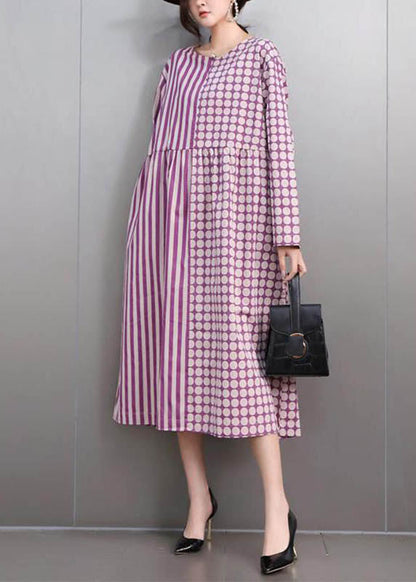Stylish Purple O-neck Patchwork Dot Maxi Dress Fall