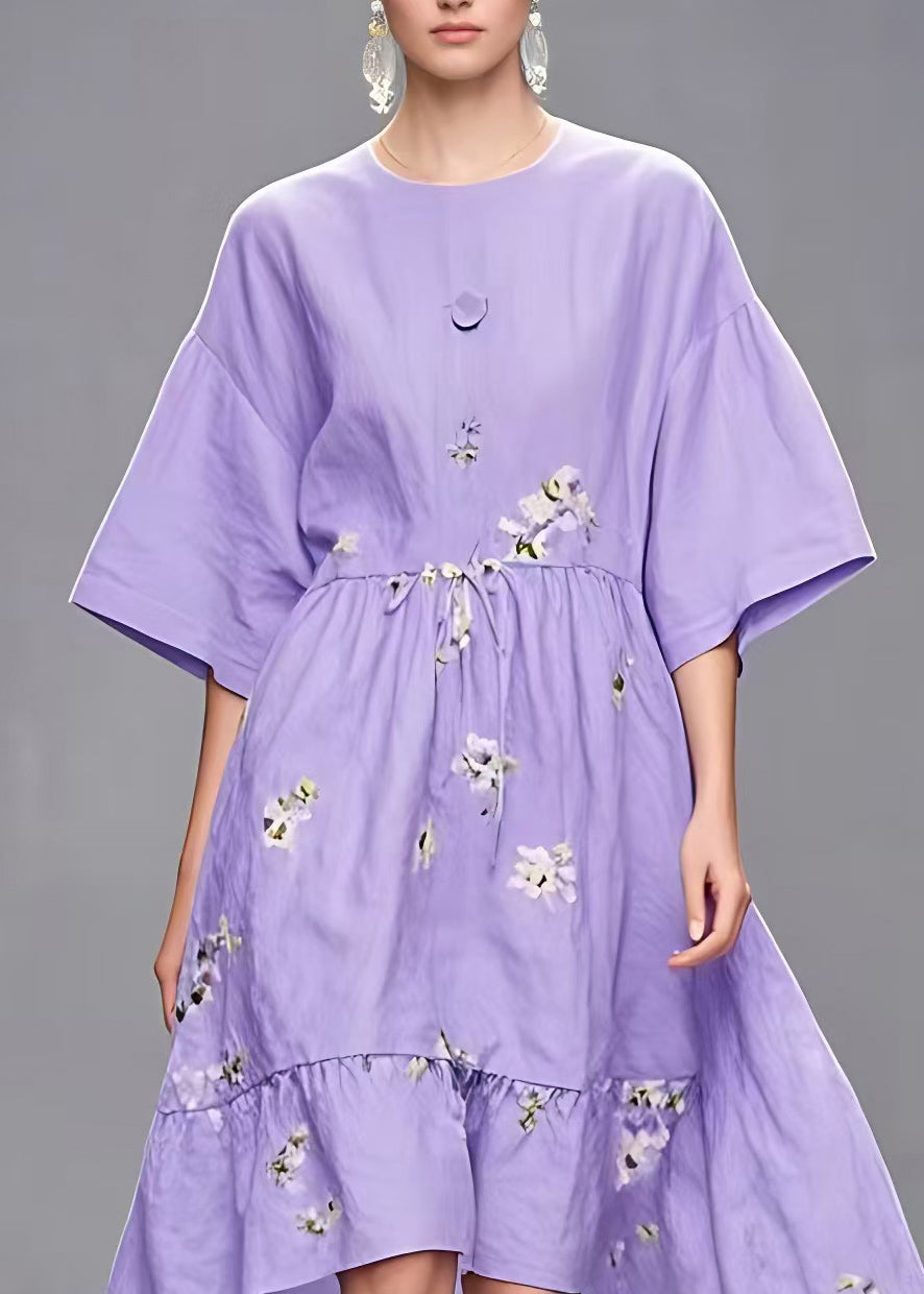Stylish Purple O-neck Tie Waist Low High Design Maxi Dresses Fall