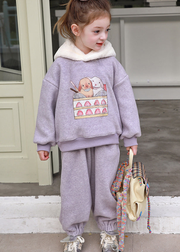 Stylish Purple Patchwork Thick Hooded Sweatshirt and Pants Two Pieces Set Spring
