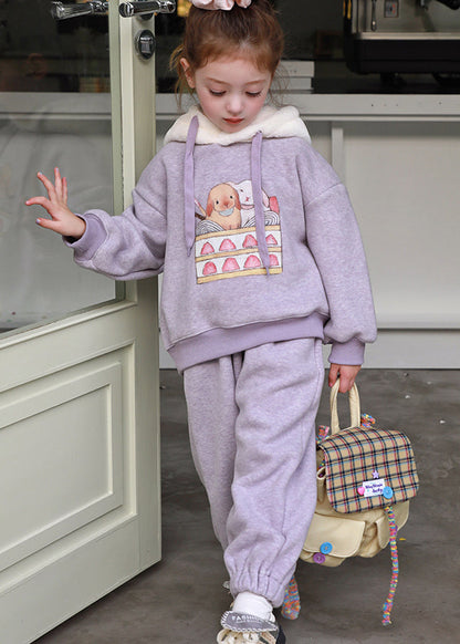 Stylish Purple Patchwork Thick Hooded Sweatshirt and Pants Two Pieces Set Spring