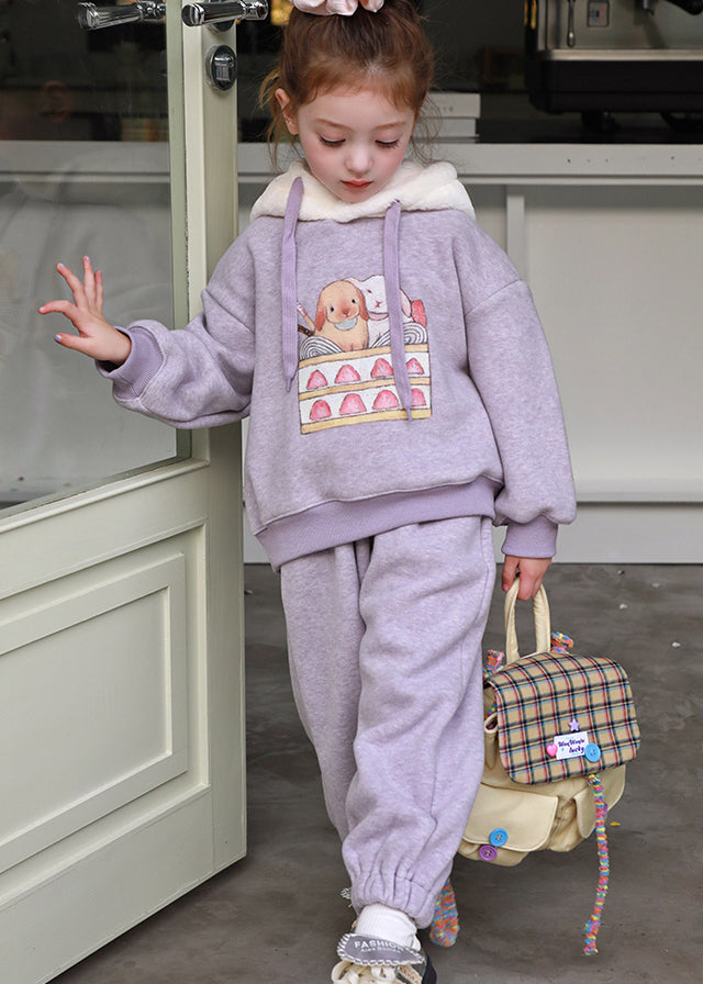 Stylish Purple Patchwork Thick Hooded Sweatshirt and Pants Two Pieces Set Spring