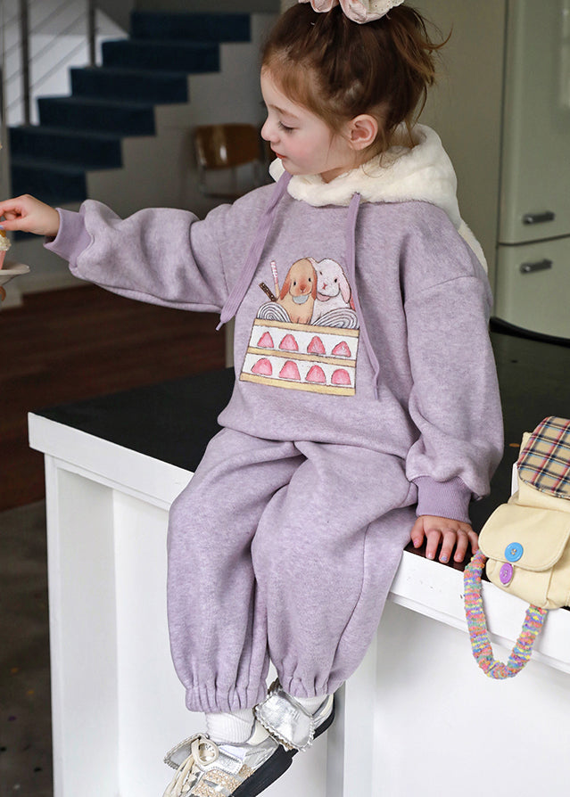 Stylish Purple Patchwork Thick Hooded Sweatshirt and Pants Two Pieces Set Spring