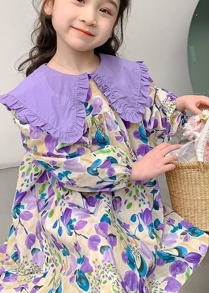 Stylish Purple Peter Pan Collar Print Long Dresses Long Sleeve