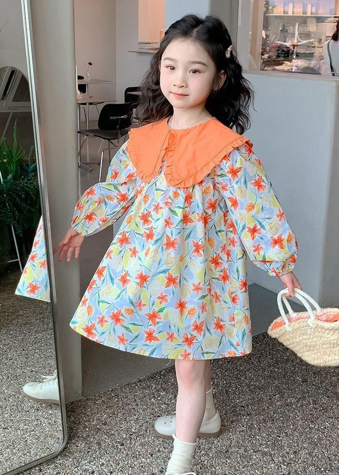 Stylish Purple Peter Pan Collar Print Long Dresses Long Sleeve