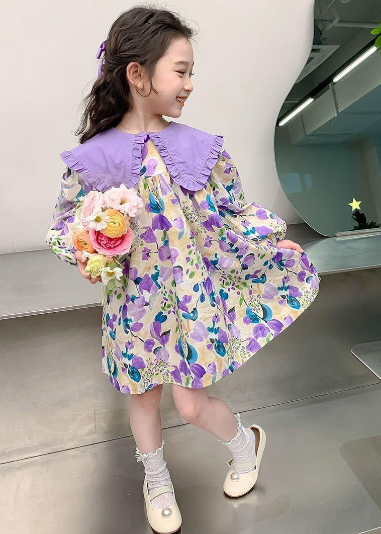 Stylish Purple Peter Pan Collar Print Long Dresses Long Sleeve