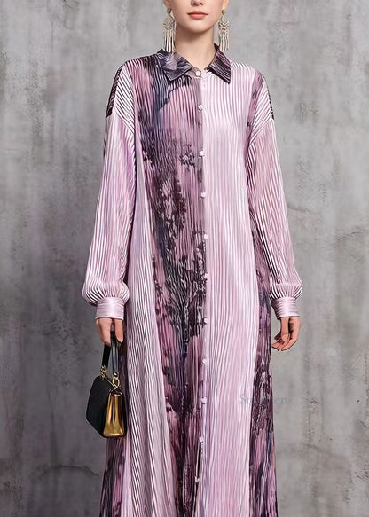 Stylish Purple Peter Pan Collar Print Wrinkled Silk Long Dresses Spring