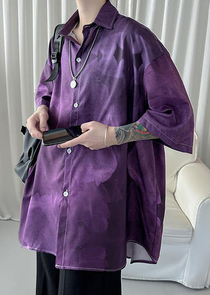 Stylish Purple Peter Pan Collar Tie Dye Ice Silk Shirts Half Sleeve