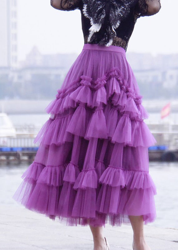 Stylish Purple Ruffled Patchwork Tulle Skirts Spring