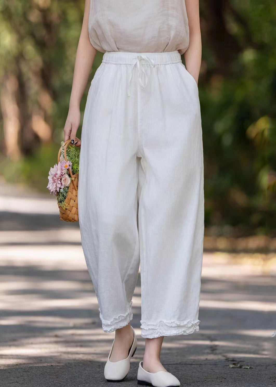 Stylish Purple Ruffled Pockets Linen Wide Leg Pants