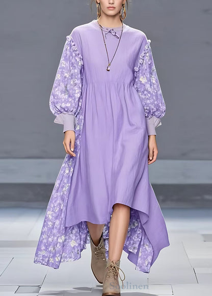 Stylish Purple Ruffled Print Patchwork Cotton Long Dress Fall