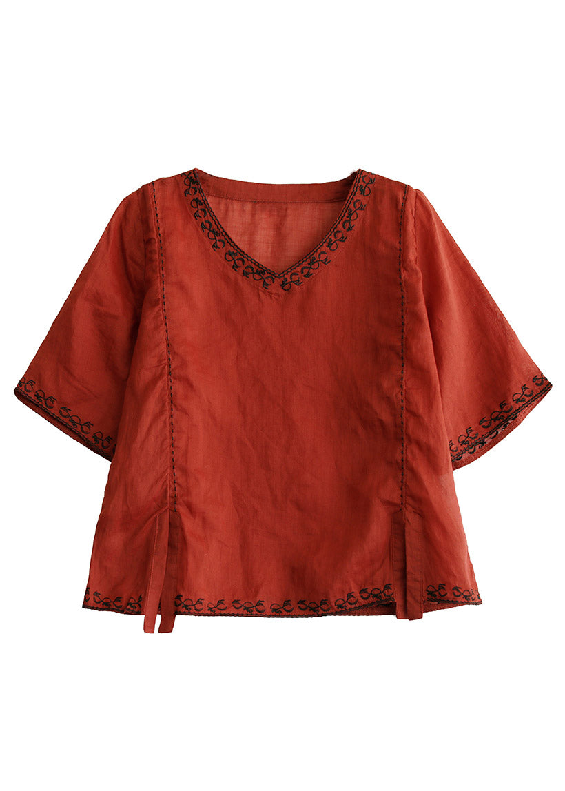 Stylish Purple V Neck Embroideried Linen T Shirt Half Sleeve
