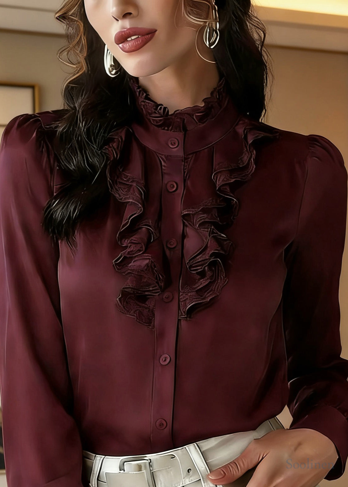 Stylish Purplish Red Button Solid Silk Top Spring
