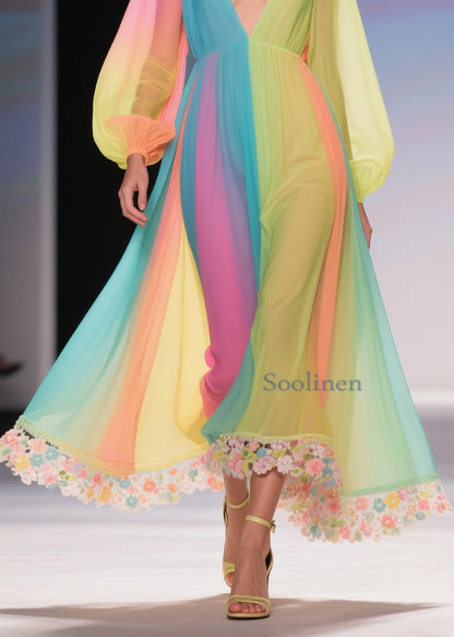 Stylish Rainbow High Waist Chiffon Long Dresses Spring