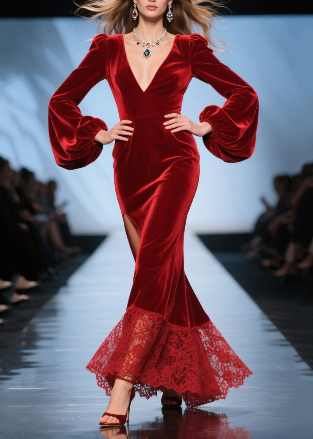Stylish Red Deep-v Neck Patchwork Silk Velvet Dinner Dresses Spring