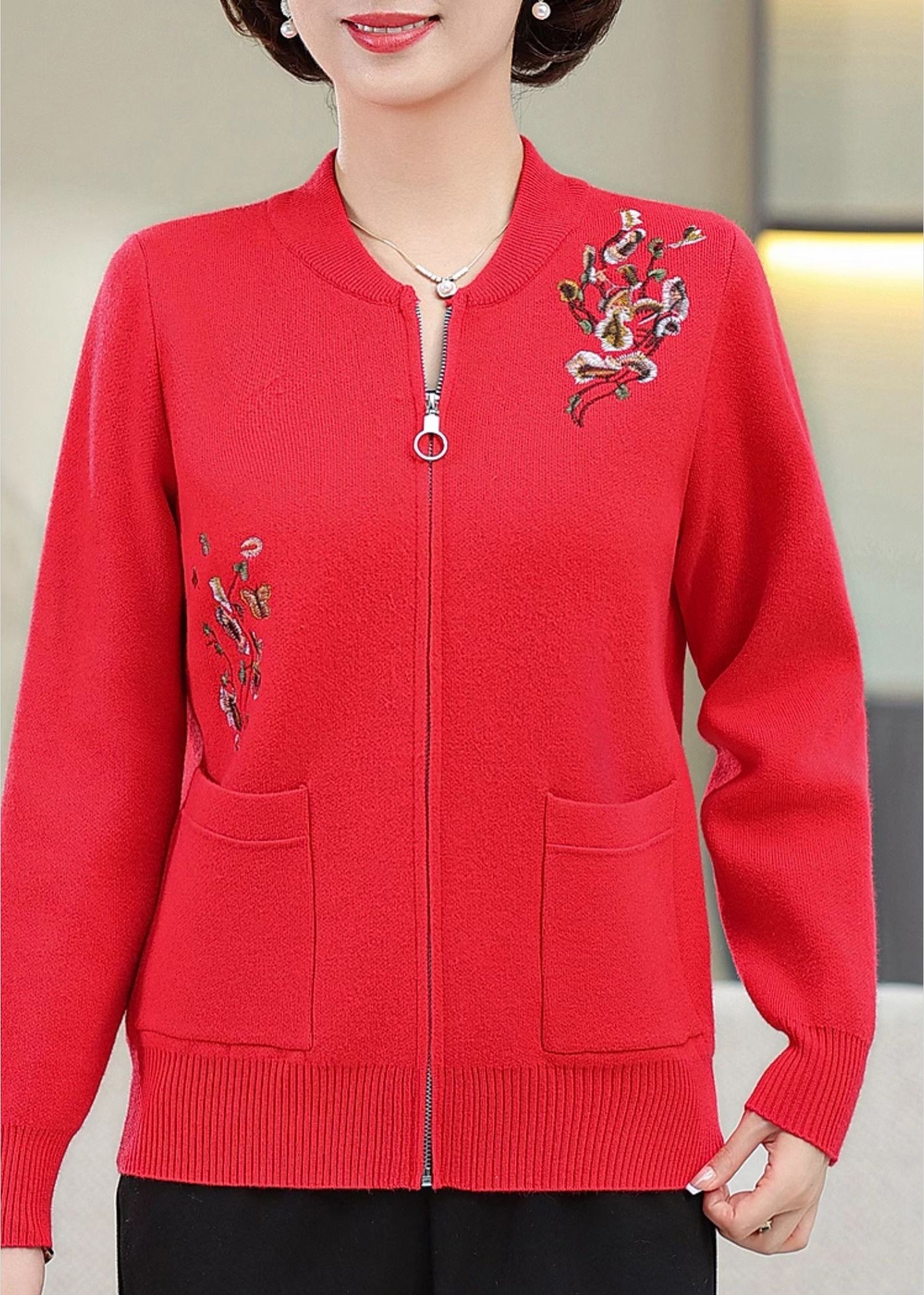 Stylish Red Embroidered Pockets Cotton Knit Coats Spring