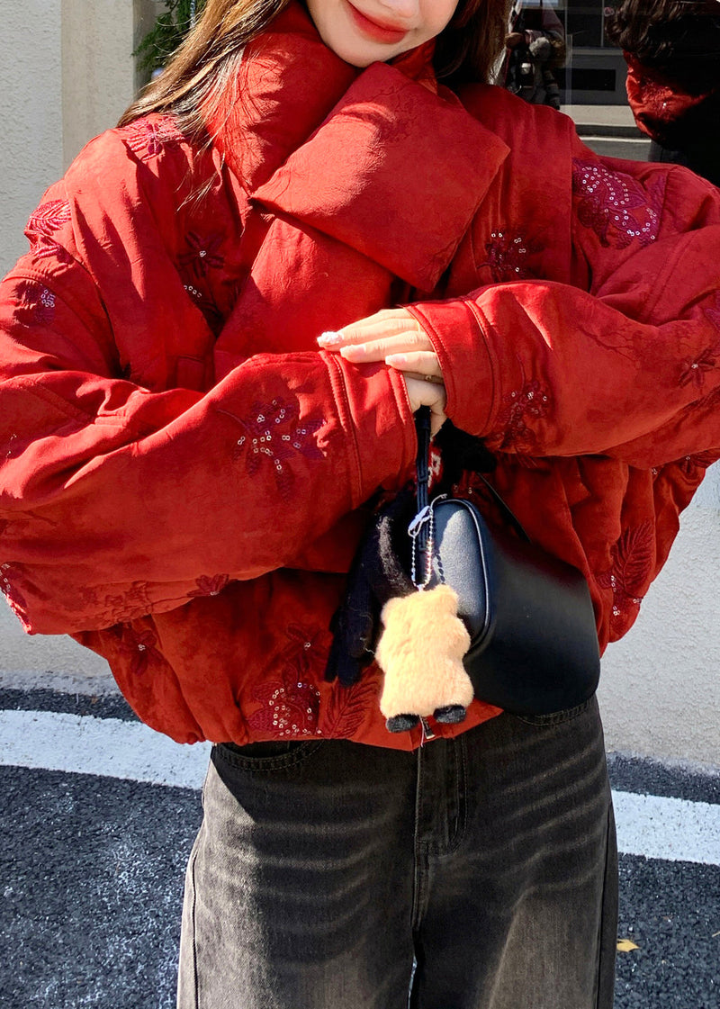 Stylish Red Embroidered Sequins Fine Cotton Filled Coats Winter
