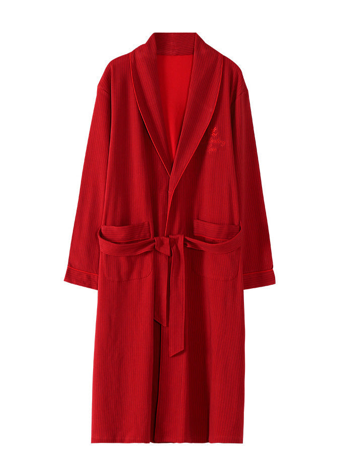 Stylish Red Embroideried Tie Waist Cotton Long Robe Spring