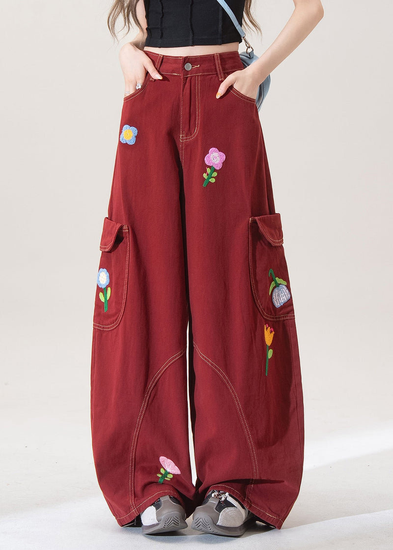 Stylish Red Pockets Denim Wide Leg Pants Fall