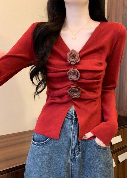 Stylish Red Wrinkled Knit Sweater Spring
