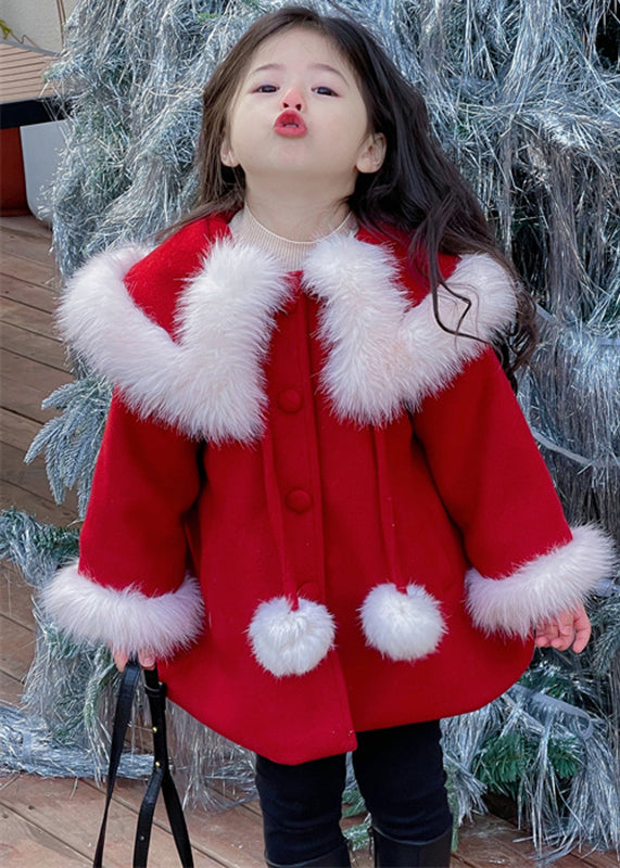Stylish Red Fur Collar Patchwork Warm Fleece Woolen Coats Spring
