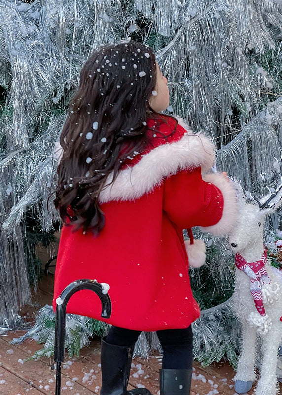 Stylish Red Fur Collar Patchwork Warm Fleece Woolen Coats Spring