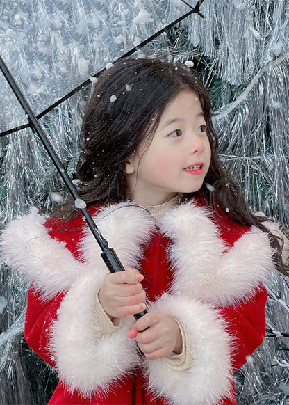 Stylish Red Fur Collar Patchwork Warm Fleece Woolen Coats Spring