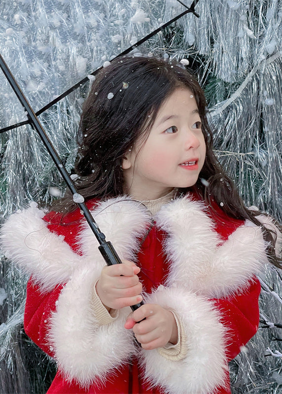 Stylish Red Fur Collar Patchwork Warm Fleece Woolen Coats Spring