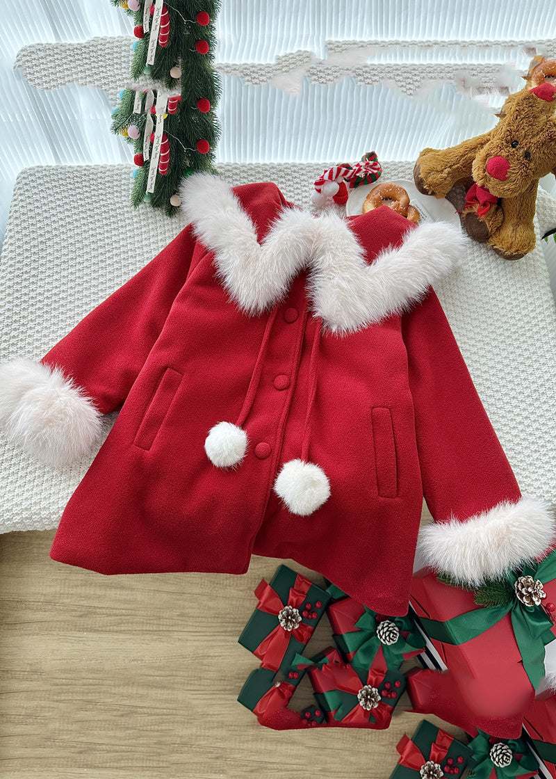 Stylish Red Fur Collar Patchwork Warm Fleece Woolen Coats Spring
