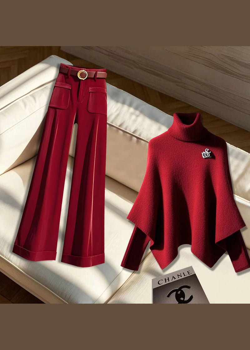 Stylish Red Hign Neck Knit Sweaters and Velvet Pants Two Piece Set Spring