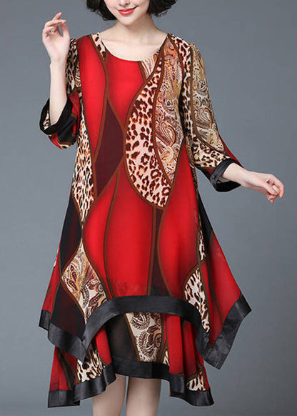 Stylish Red O-neck Asymmetrical Print Patchwork Layered Maxi Dress Spring