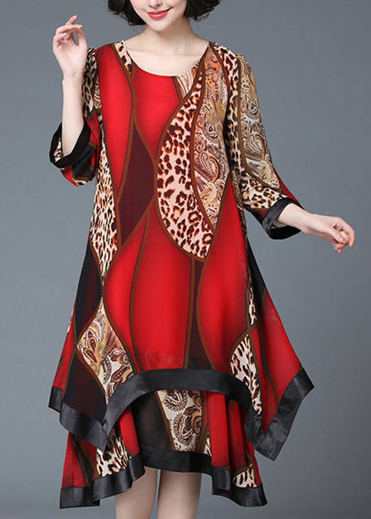 Stylish Red O-neck Asymmetrical Print Patchwork Layered Maxi Dress Spring