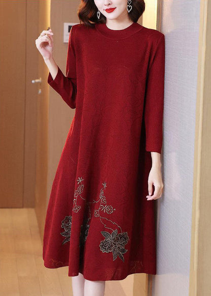 Stylish Red O-neck Embroideried Knit Sweater Dress Spring