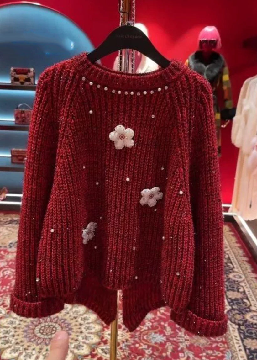 Stylish Red O-neck Nail Bead Thick Cotton Knit Sweater Tops Spring
