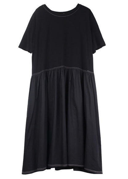 Stylish Red O-neck Patchwork Cotton Dresses Short Sleeve