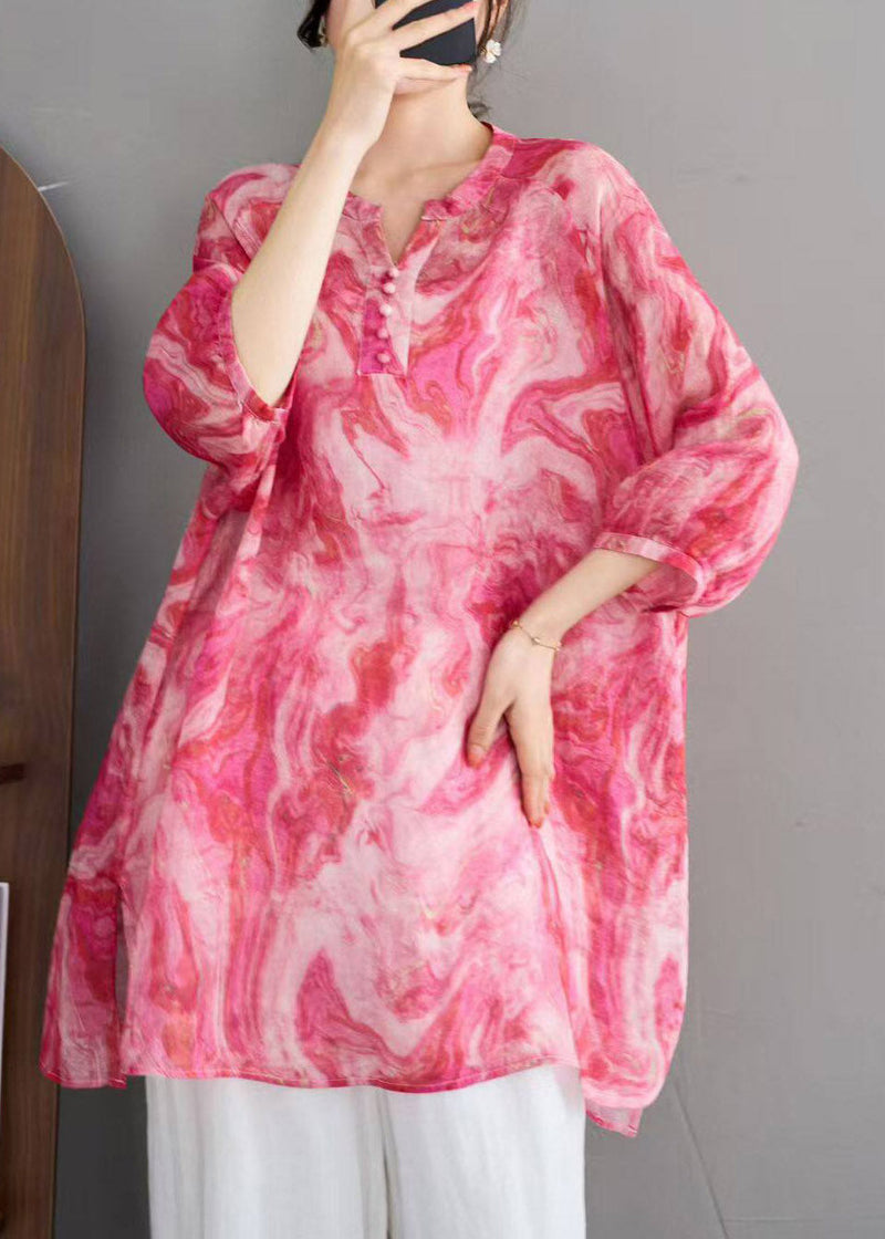 Stylish Red O-neck Print Linen Shirts Three Quarter Sleeve