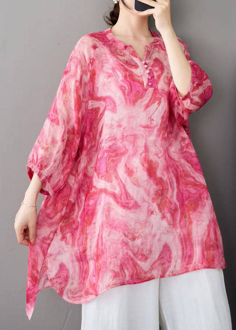 Stylish Red O-neck Print Linen Shirts Three Quarter Sleeve
