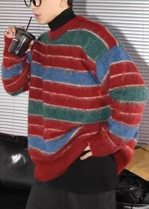 Stylish Red O Neck Striped Cozy Knit Sweaters Winter