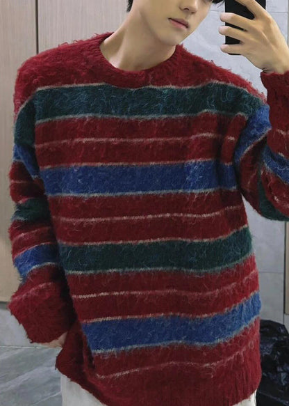 Stylish Red O Neck Striped Cozy Knit Sweaters Winter