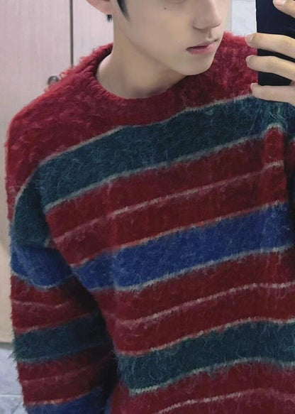 Stylish Red O Neck Striped Cozy Knit Sweaters Winter