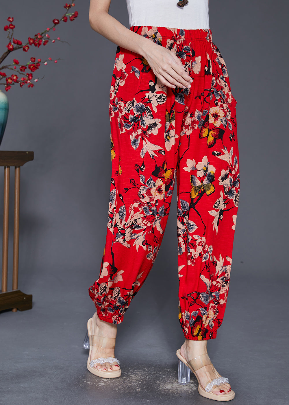 Stylish Red Oversized Print Cotton Harem Pants Fall