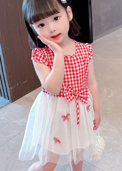 Stylish Red Plaid O Neck Bow Patchwork Tulle Baby Dress Summer