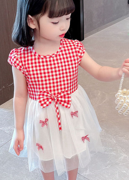 Stylish Red Plaid O Neck Bow Patchwork Tulle Baby Dress Summer