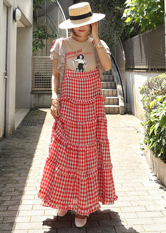 Stylish Red Plaid Slash Neck Button Layered Dresses Sleeveless