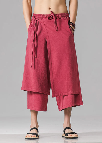 Stylish Red Pockets Patchwork Tie Waist Pants Summer