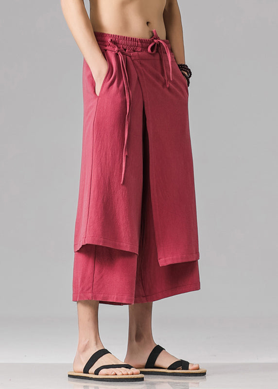 Stylish Red Pockets Patchwork Tie Waist Pants Summer