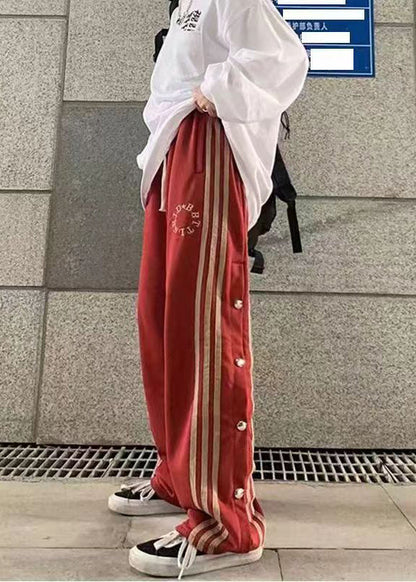 Stylish Red Pockets Striped Patchwork Side Open Cotton Pants Fall