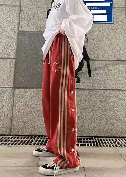 Stylish Red Pockets Striped Patchwork Side Open Cotton Pants Fall