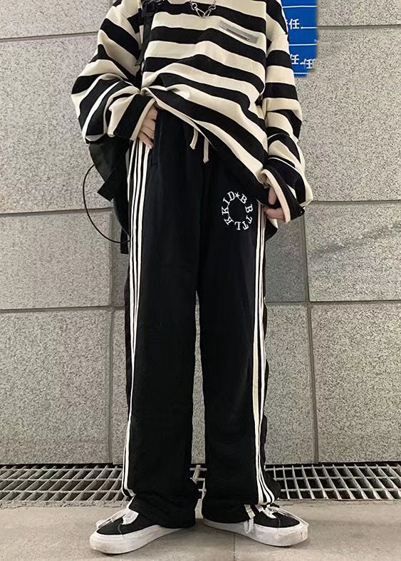 Stylish Red Pockets Striped Patchwork Side Open Cotton Pants Fall