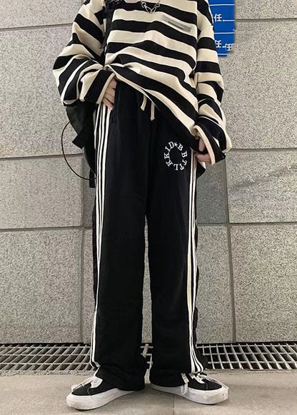 Stylish Red Pockets Striped Patchwork Side Open Cotton Pants Fall